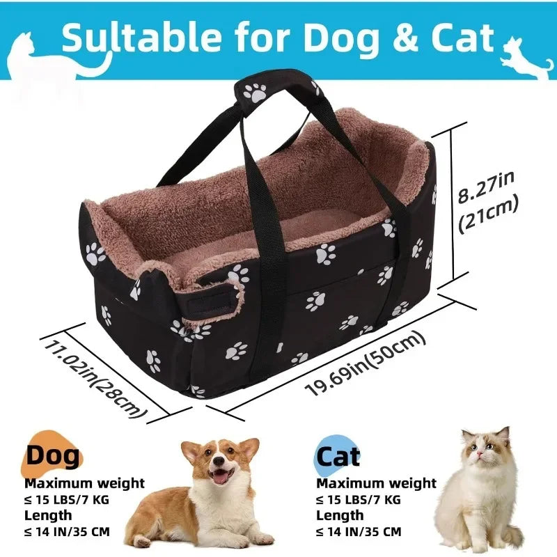 LETVIA Pet Car Carrier Center Console Dog Car Seat Portable Pet Safety Seat for Small Dogs Cats Pet Bed with Paw Print Design