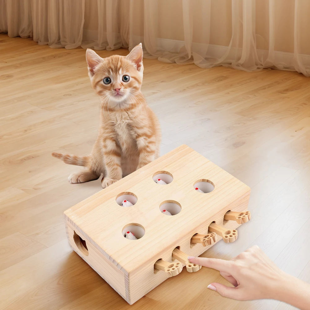 Wooden Whack-A-Mole Cat Toy Catch Mice Game Cat Enrichment Toys for Cats and Kittens