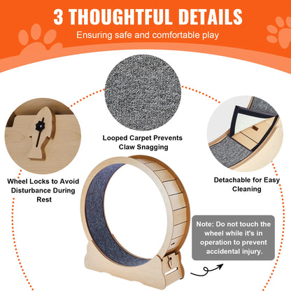 SucceBuy Wooden Cat Exercise Wheel Large Cat Treadmill Wheel for Indoor Cat Running Wheel with Detachable Carpet& Cat Teaser