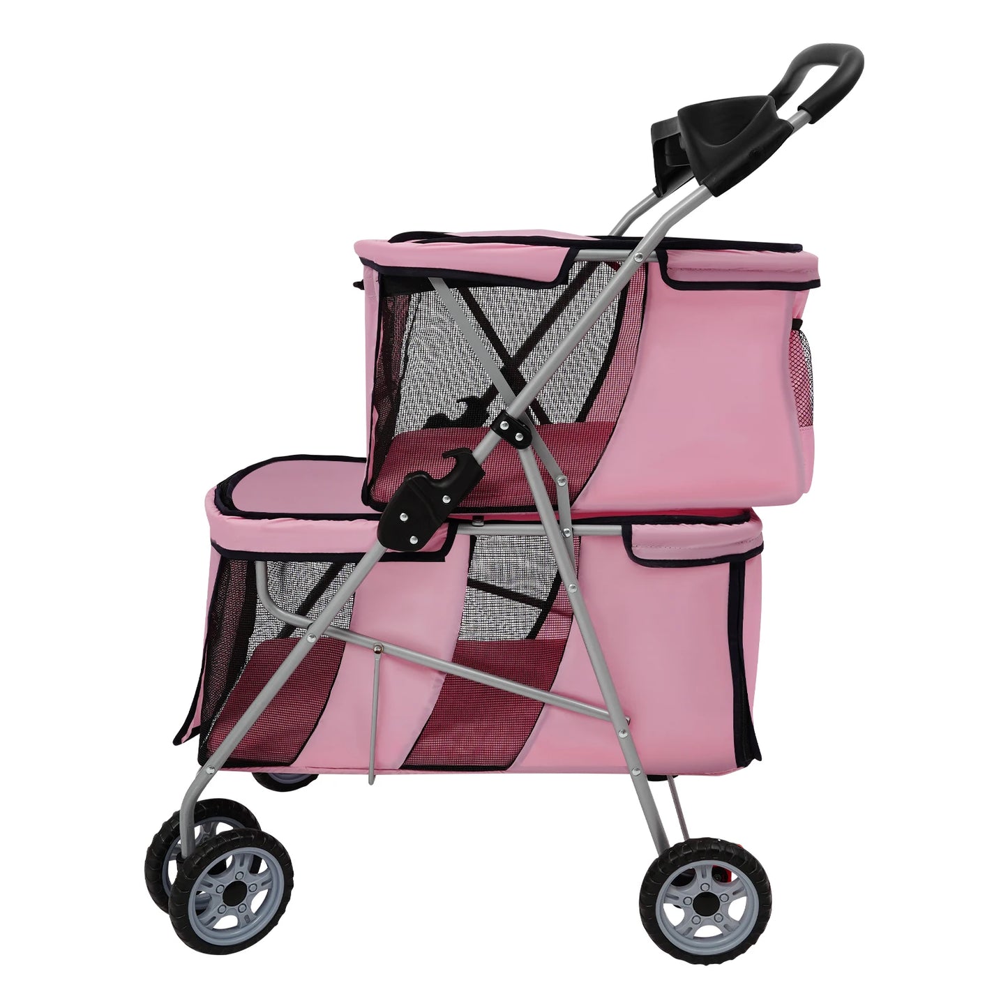Double-layer Dogs Push Cart Foldable Cats Carrier Small to Medium Pet Stroller 55x69x101cm Pink/Black