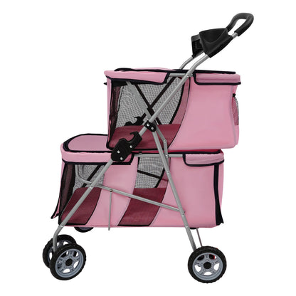 Double-layer Dogs Push Cart Foldable Cats Carrier Small to Medium Pet Stroller 55x69x101cm Pink/Black