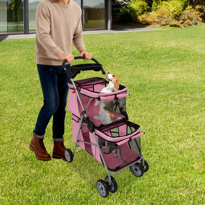 Double-layer Dogs Push Cart Foldable Cats Carrier Small to Medium Pet Stroller 55x69x101cm Pink/Black