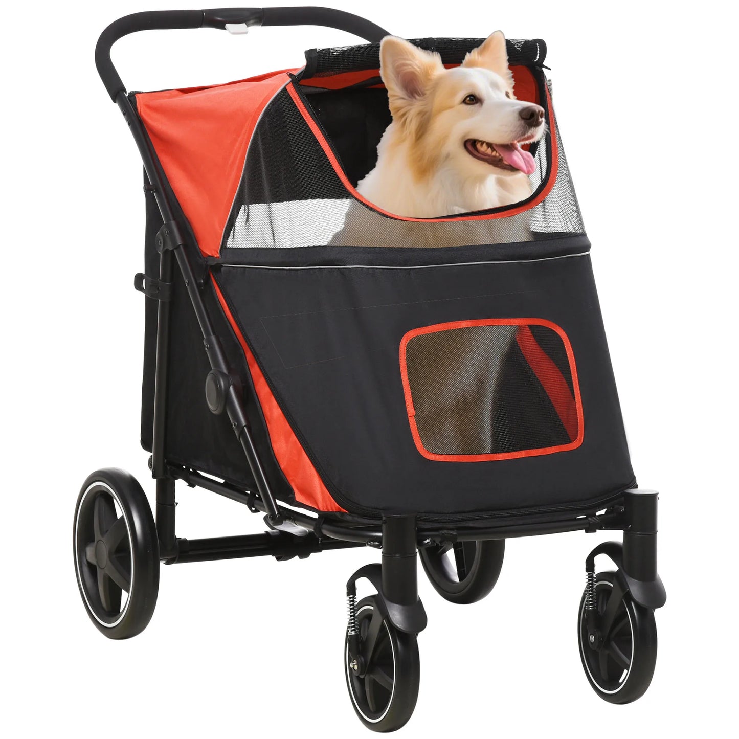 Pawhut Foldable Dog Stroller Pet Cart with Mesh Windows Safety Straps 112X65X100 cm Red