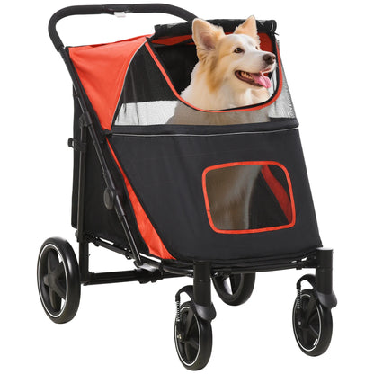 Pawhut Foldable Dog Stroller Pet Cart with Mesh Windows Safety Straps 112X65X100 cm Red