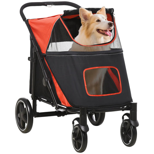 Pawhut Foldable Dog Stroller Pet Cart with Mesh Windows Safety Straps 112X65X100 cm Red