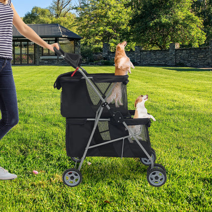 Double-layer Dogs Push Cart Foldable Cats Carrier Small to Medium Pet Stroller 55x69x101cm Pink/Black