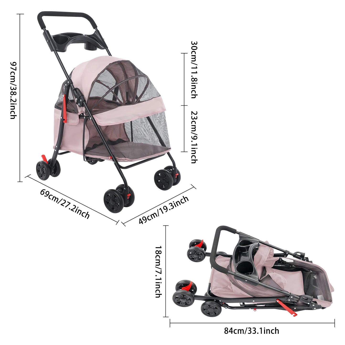 Breathable Pet Dog Cat Stroller Travel Carrier Strolling Cart Cat Dog Pushchair Lightweight Folding with Wheels and Rain Cover