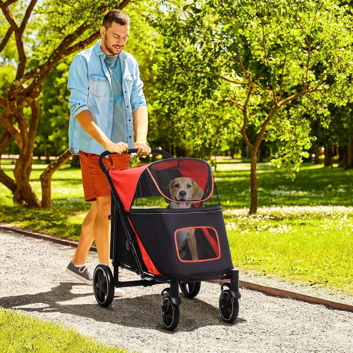 Pawhut Foldable Dog Stroller Pet Cart with Mesh Windows Safety Straps 112X65X100 cm Red