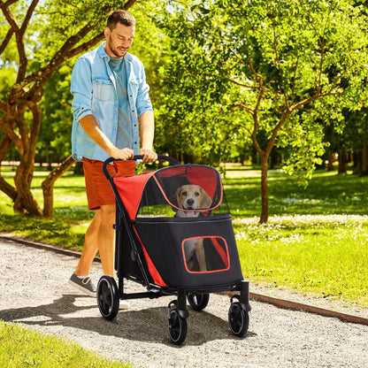 Pawhut Foldable Dog Stroller Pet Cart with Mesh Windows Safety Straps 112X65X100 cm Red