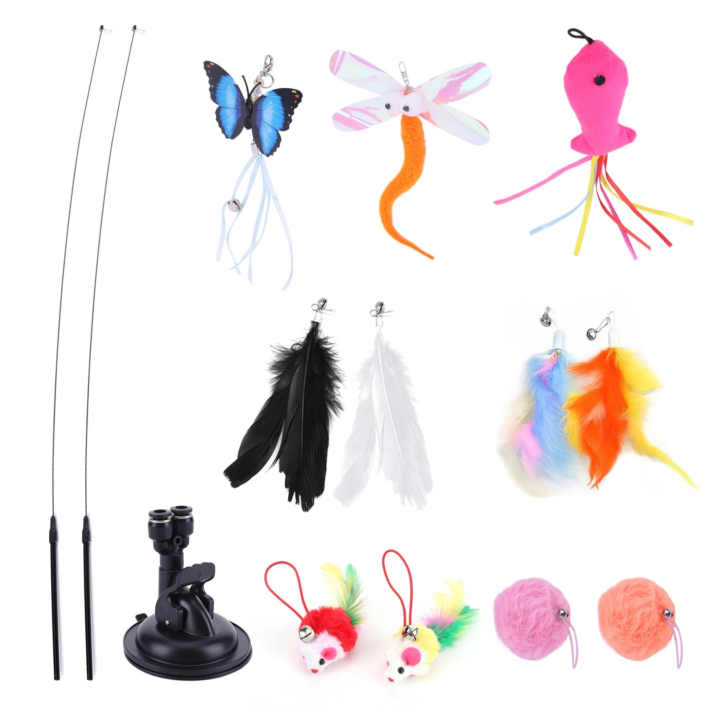 Pet Cat Toy Set Suction Cup Toy Set Double Headed Replacement Head Toy Suit Handfree Cat Toy Stick for Floor Glass Door Panel