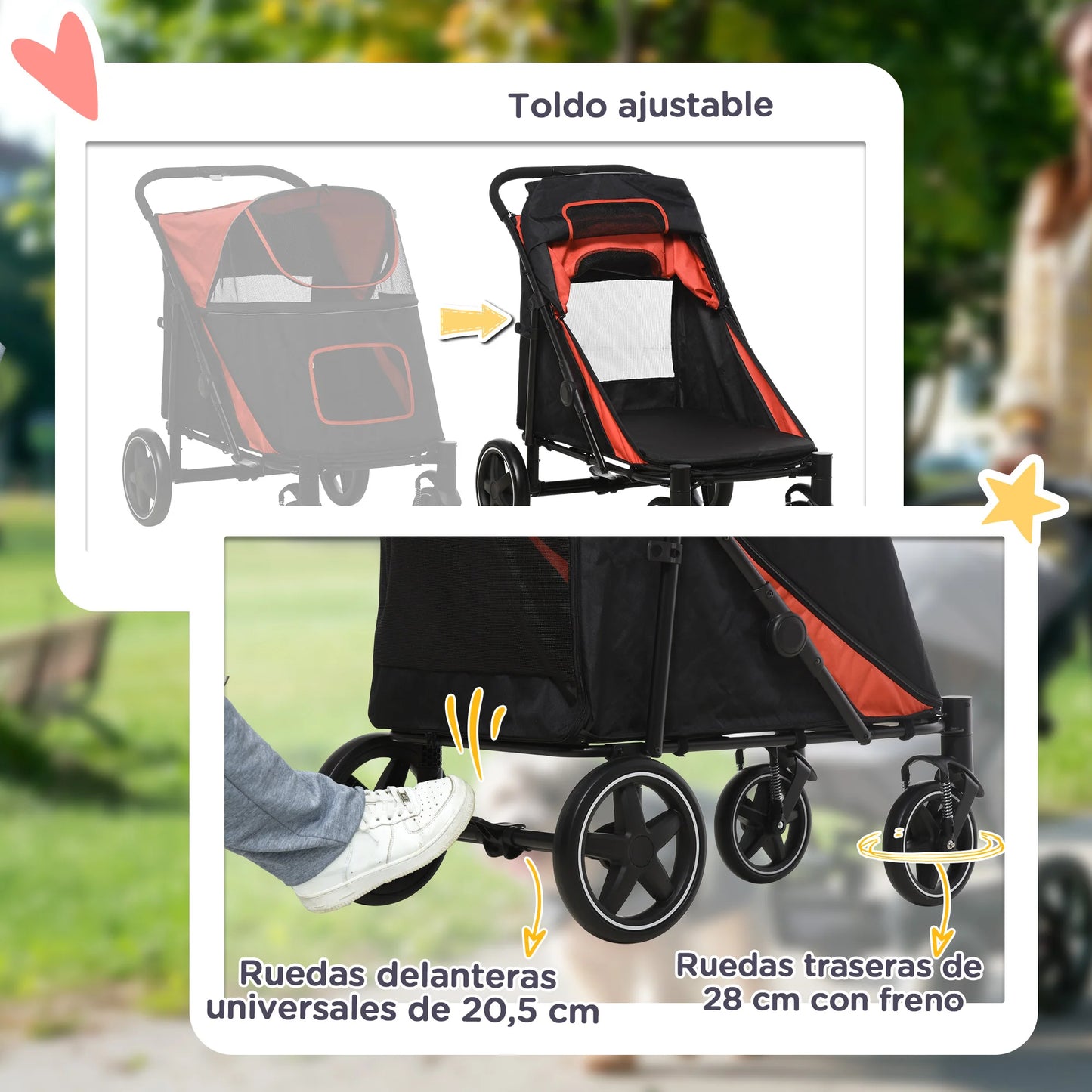 Pawhut Foldable Dog Stroller Pet Cart with Mesh Windows Safety Straps 112X65X100 cm Red