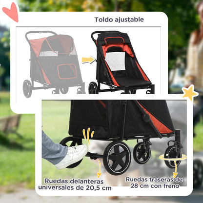 Pawhut Foldable Dog Stroller Pet Cart with Mesh Windows Safety Straps 112X65X100 cm Red
