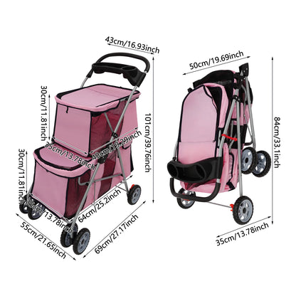 Double-layer Dogs Push Cart Foldable Cats Carrier Small to Medium Pet Stroller 55x69x101cm Pink/Black