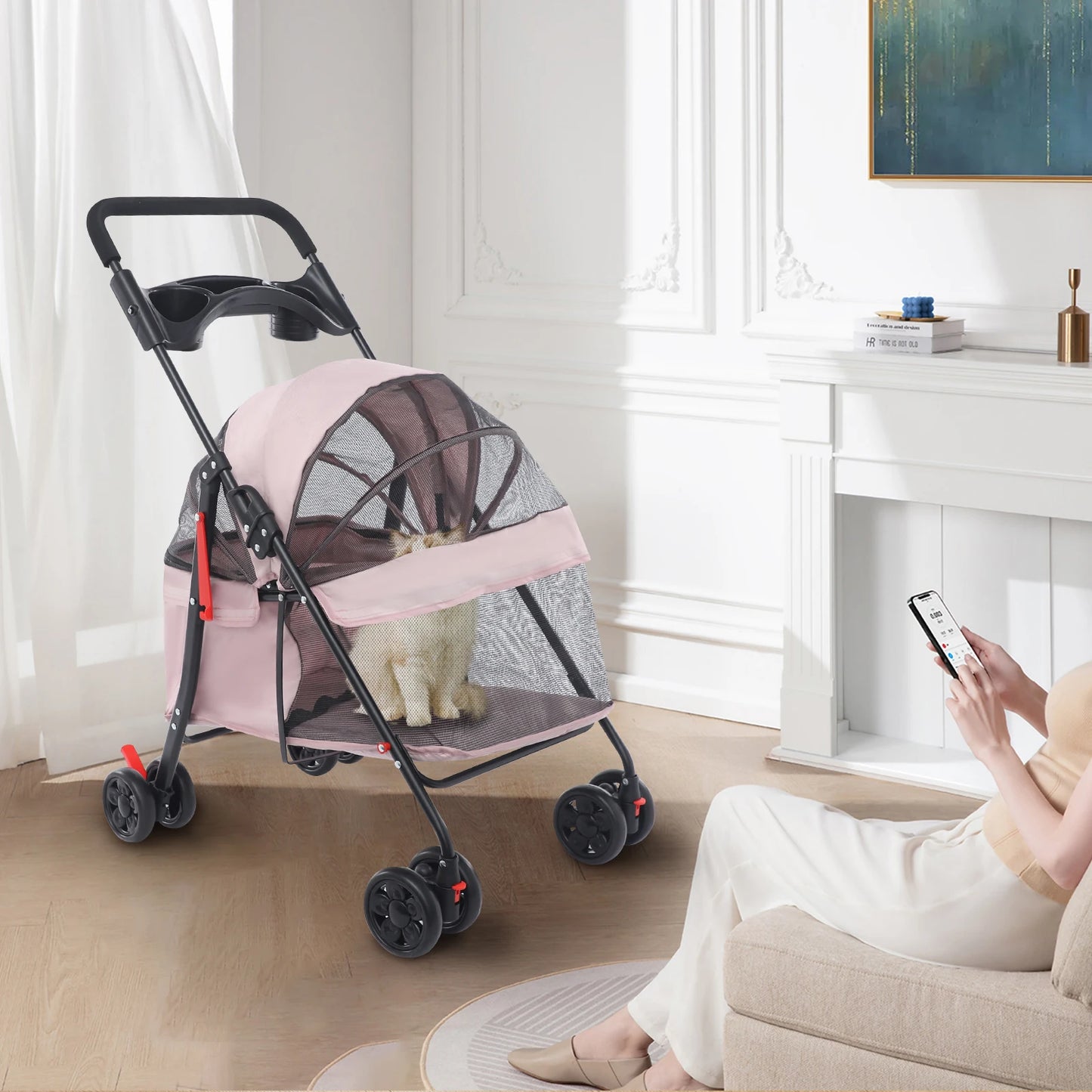 Breathable Pet Dog Cat Stroller Travel Carrier Strolling Cart Cat Dog Pushchair Lightweight Folding with Wheels and Rain Cover
