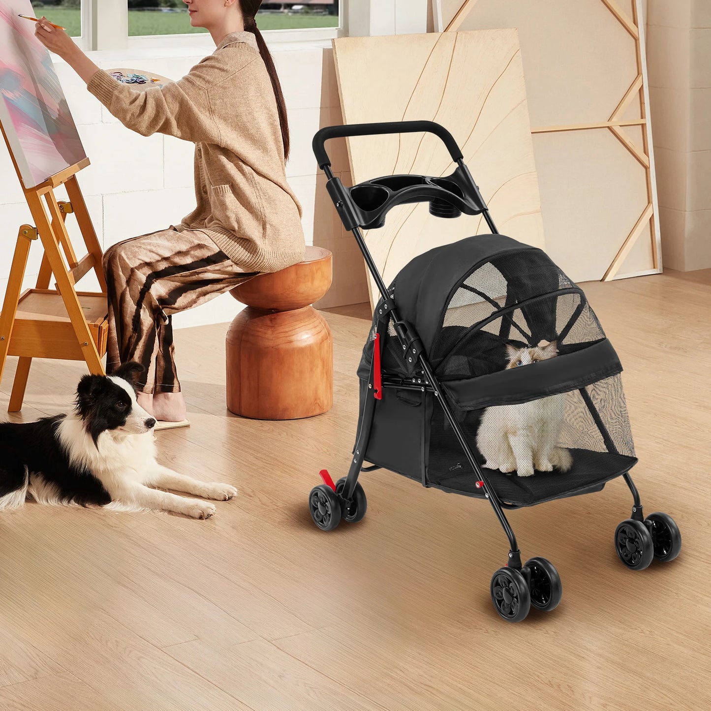 Breathable Pet Dog Cat Stroller Travel Carrier Strolling Cart Cat Dog Pushchair Lightweight Folding with Wheels and Rain Cover