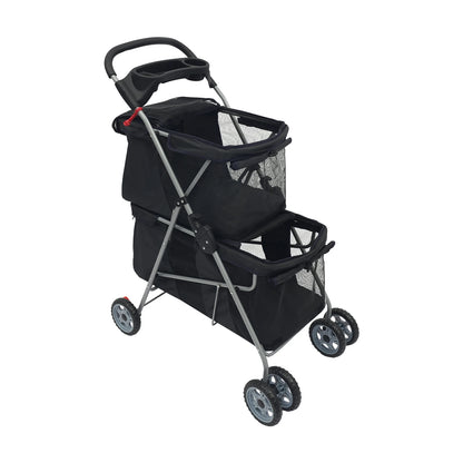 Double-layer Dogs Push Cart Foldable Cats Carrier Small to Medium Pet Stroller 55x69x101cm Pink/Black