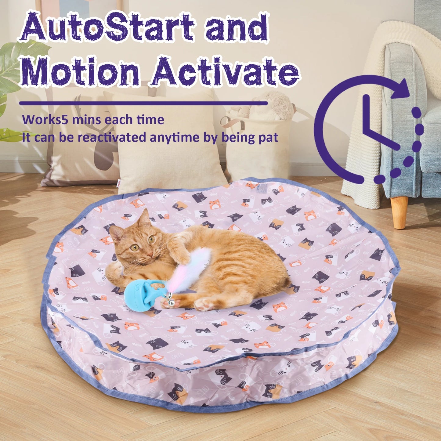 Motion Activate Chirping Cat Toy Ball Fast Rolling in Pouch Mouse Catching Game Reusable for Pet Hide and Seek Game Accessories