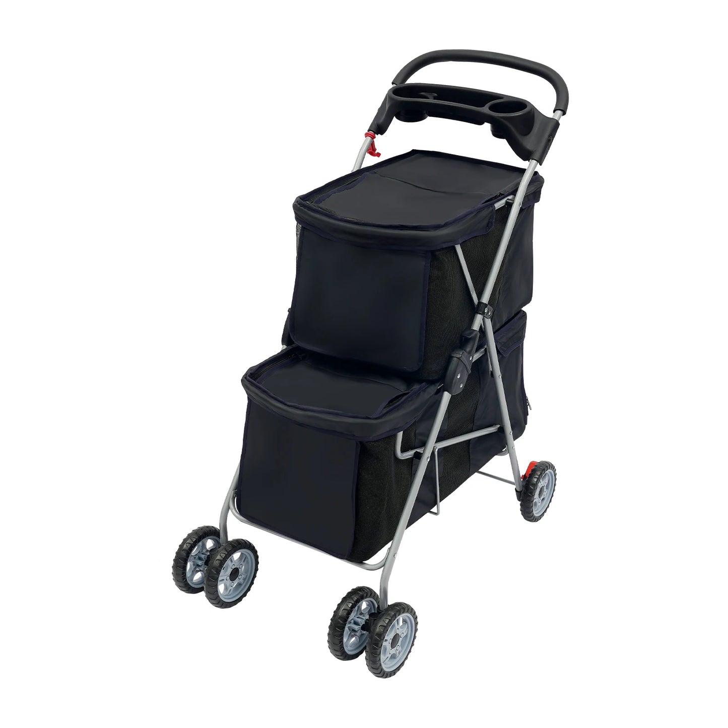 Double-layer Dogs Push Cart Foldable Cats Carrier Small to Medium Pet Stroller 55x69x101cm Pink/Black