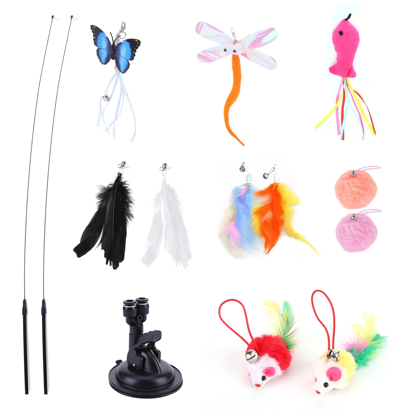 Pet Cat Toy Set Suction Cup Toy Set Double Headed Replacement Head Toy Suit Handfree Cat Toy Stick for Floor Glass Door Panel