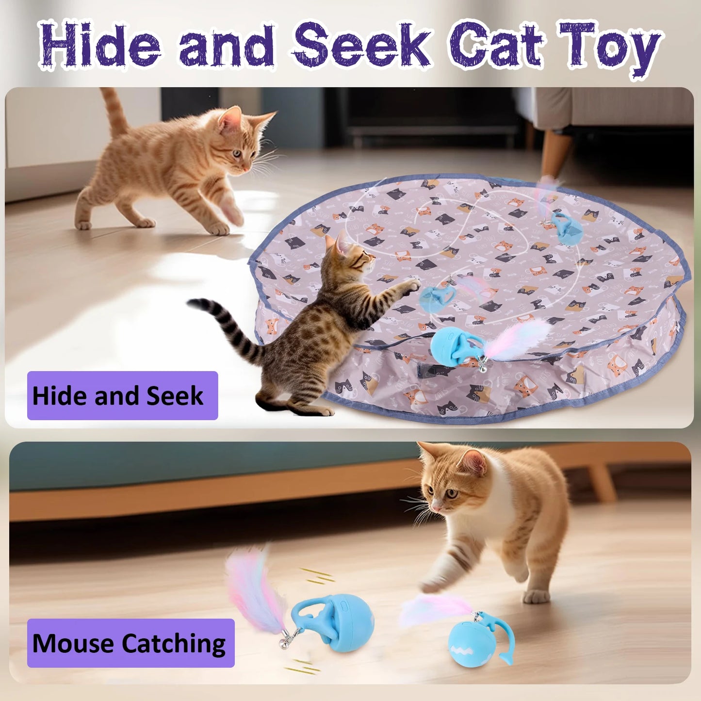Motion Activate Chirping Cat Toy Ball Fast Rolling in Pouch Mouse Catching Game Reusable for Pet Hide and Seek Game Accessories