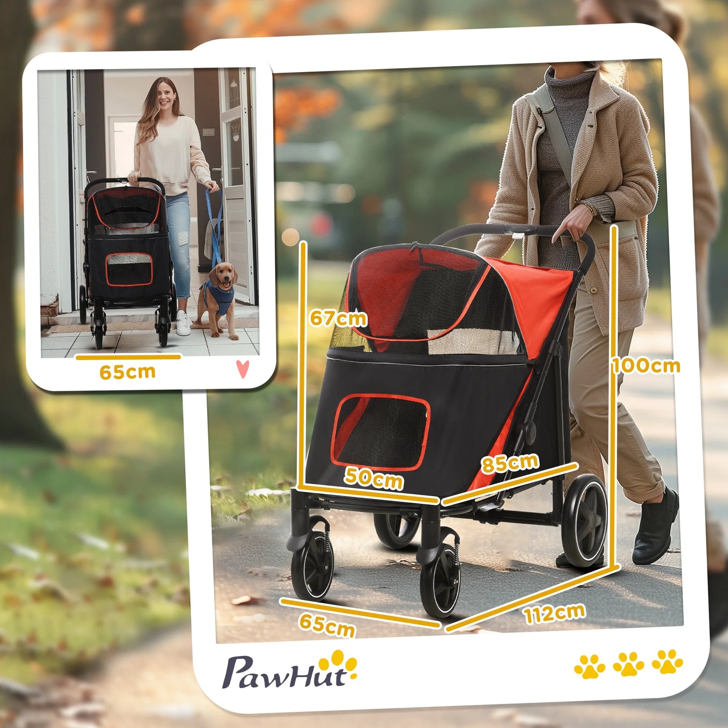 Pawhut Foldable Dog Stroller Pet Cart with Mesh Windows Safety Straps 112X65X100 cm Red