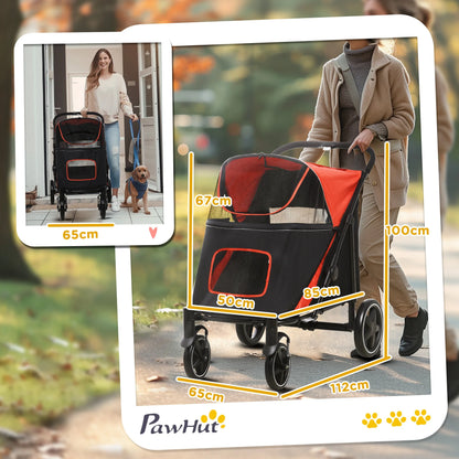 Pawhut Foldable Dog Stroller Pet Cart with Mesh Windows Safety Straps 112X65X100 cm Red