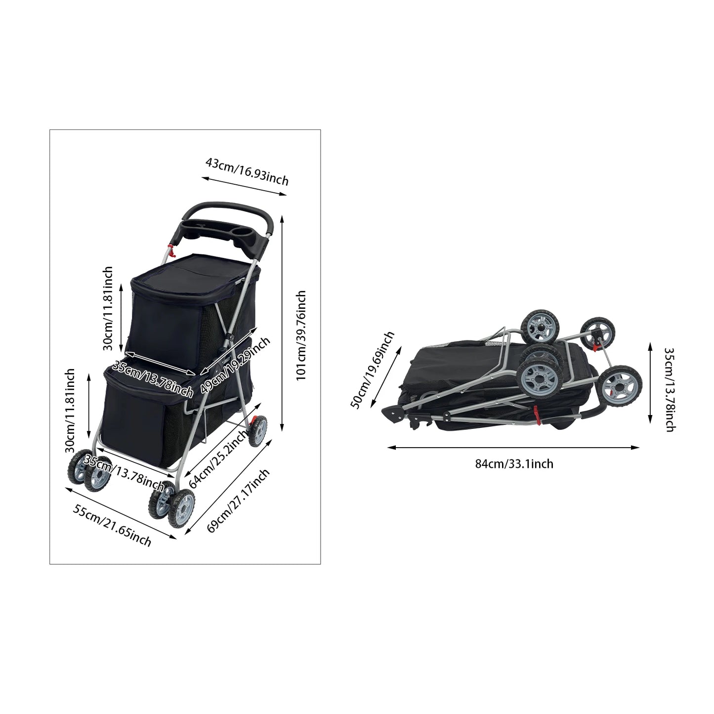 Double-layer Dogs Push Cart Foldable Cats Carrier Small to Medium Pet Stroller 55x69x101cm Pink/Black