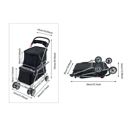 Double-layer Dogs Push Cart Foldable Cats Carrier Small to Medium Pet Stroller 55x69x101cm Pink/Black