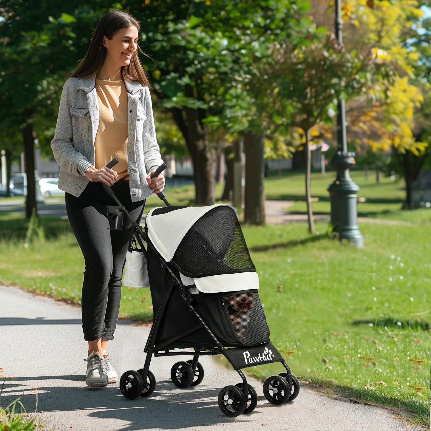 Pawhut Stroller for Small Dogs with Cream Umbrella Structure